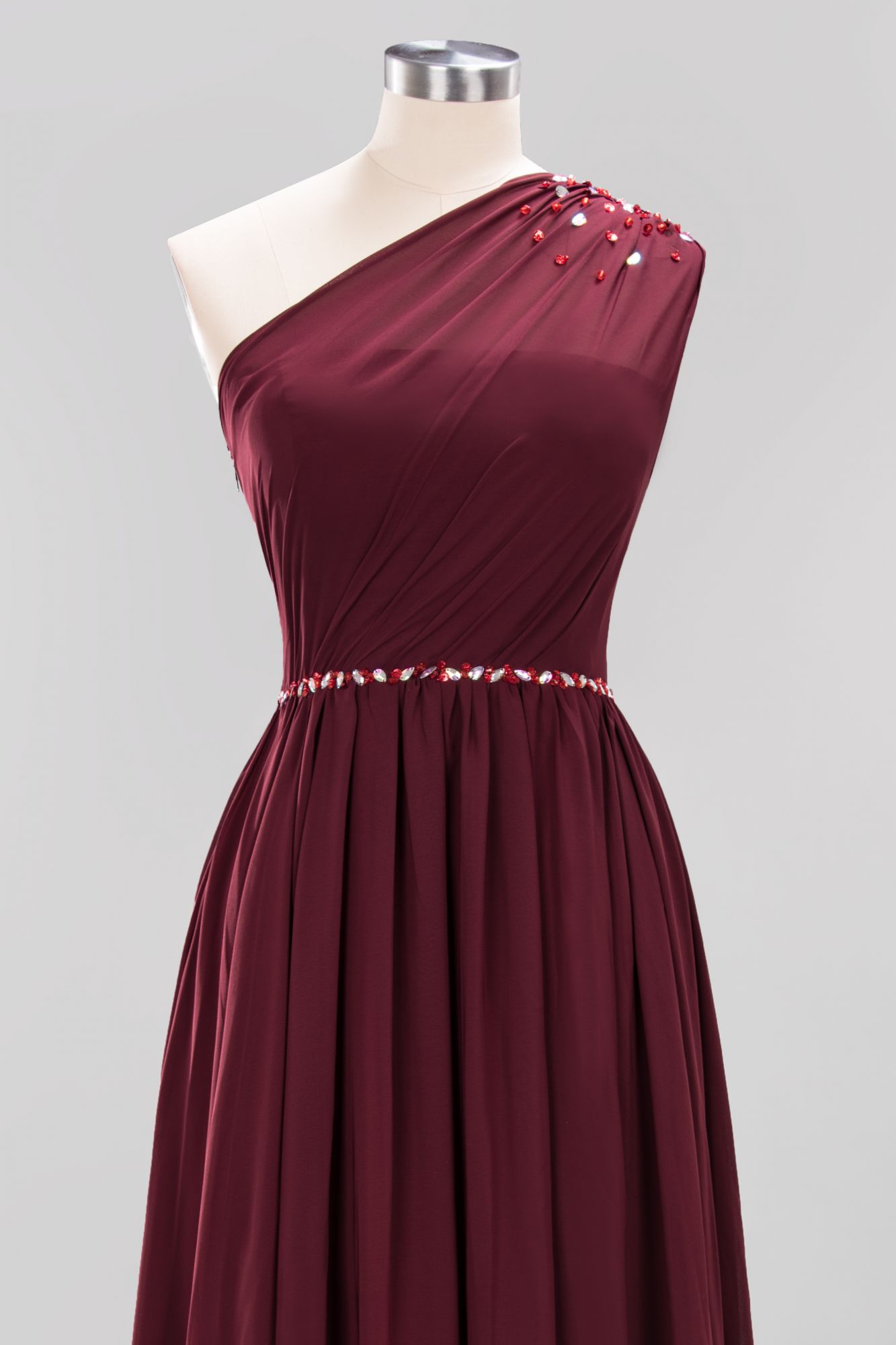 Elegant A-Line Burgundy Chiffon One-Shoulder Sleeveless Ruffles Floor-Length Bridesmaid Dresses with Beadings-newarrivaldress