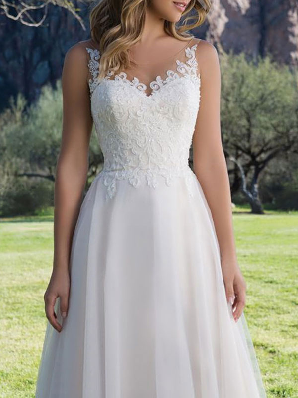Wedding Dress A Line V Neck Sleeveless Lace Beach Party Bridal Gowns With Train-newarrivaldress