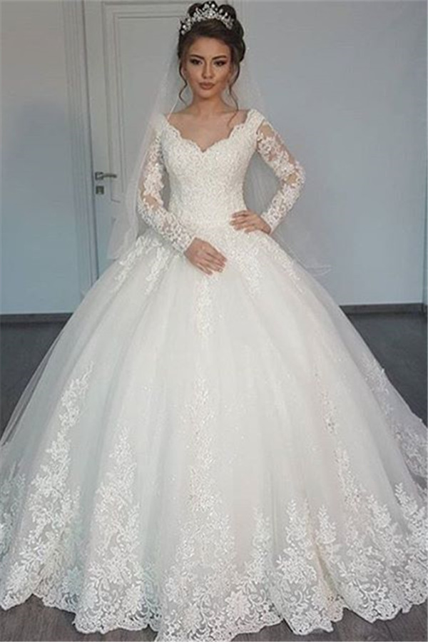 Long Sleeve Tulle V-Neck Elegant Vintage Lace Ball Gown Wedding Dresses Online-newarrivaldress