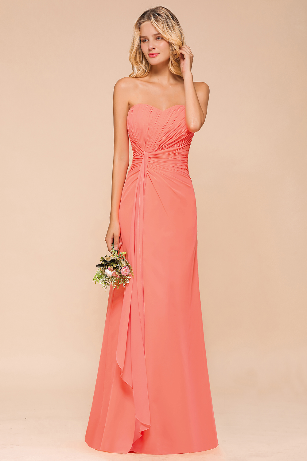 Sweetheart Ruffle Affordable Coral Chiffon Bridesmaid Dresses Strapless Lace-up Floor Length Wedding Guest Dresses-newarrivaldress