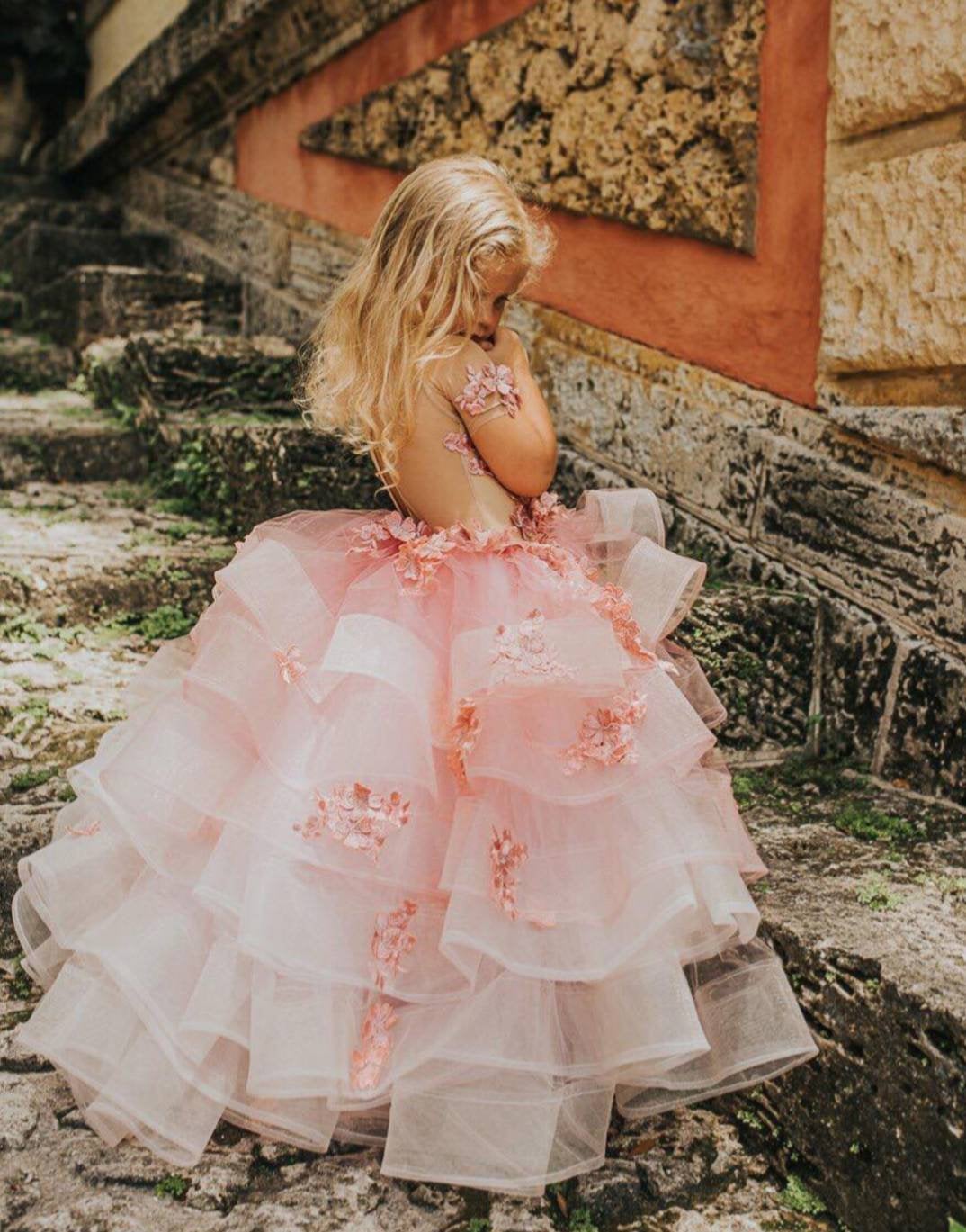 Lovely Jewel Short Sleeves Tiered Tulle Flower Girl Dresses with Handmade Flowers | Long Sheer Little Girl Pageant Dress-newarrivaldress