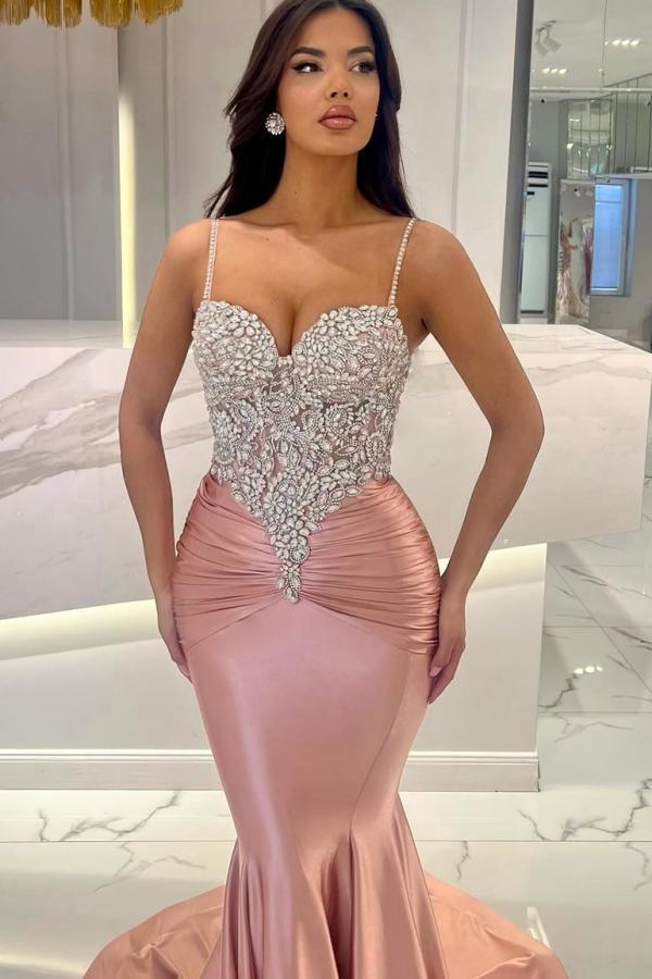 Spaghetti Straps Crystals Satin Mermaid Prom Dress Sweetheart Bodycon Party Dress