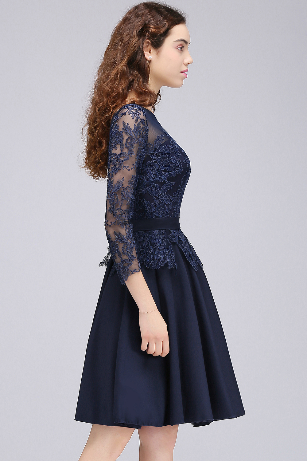 CARA | A-line Sheer Neck Short Dark Navy Homecoming Dresses with Lace Appliques-newarrivaldress