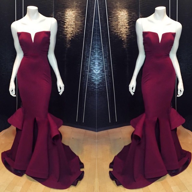 Marsala Burgundy Mermaid Long Prom Dresses Ruffles Notched Front Slit Formal Evening Gowns-newarrivaldress