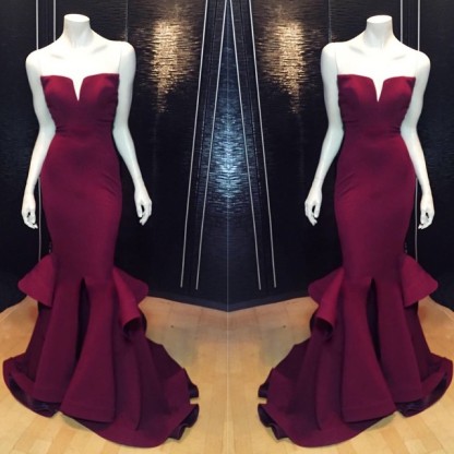 Marsala Burgundy Mermaid Long Prom Dresses Ruffles Notched Front Slit Formal Evening Gowns-newarrivaldress