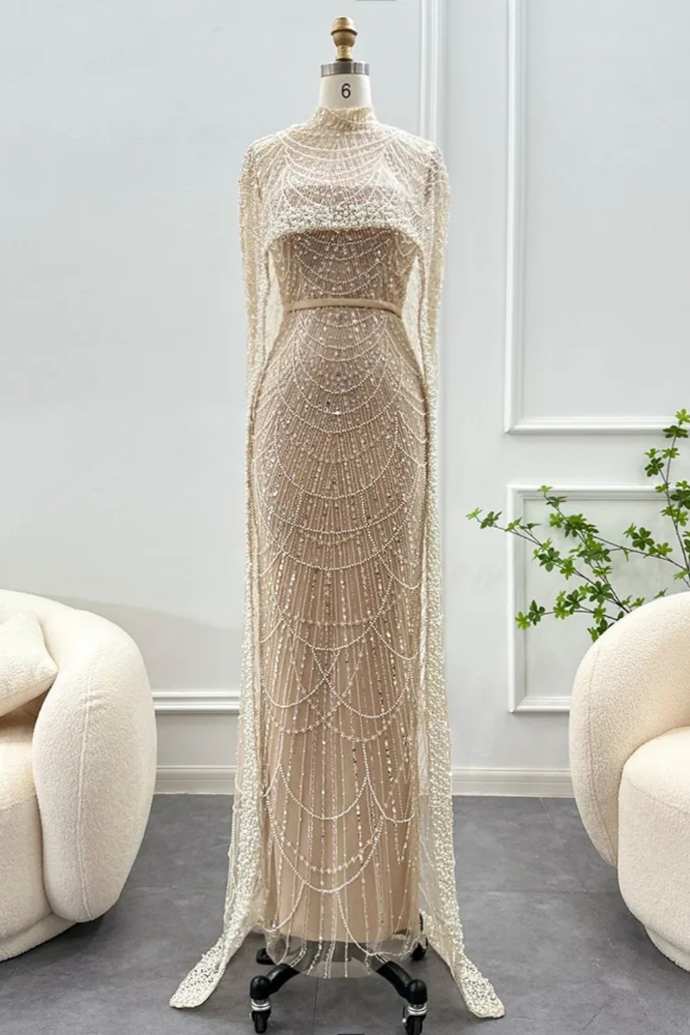 Luxury Sequins Dubai Mermaid Evening Dress with Cape Glitter Pearls Floor Length Party Dress-newarrivaldress