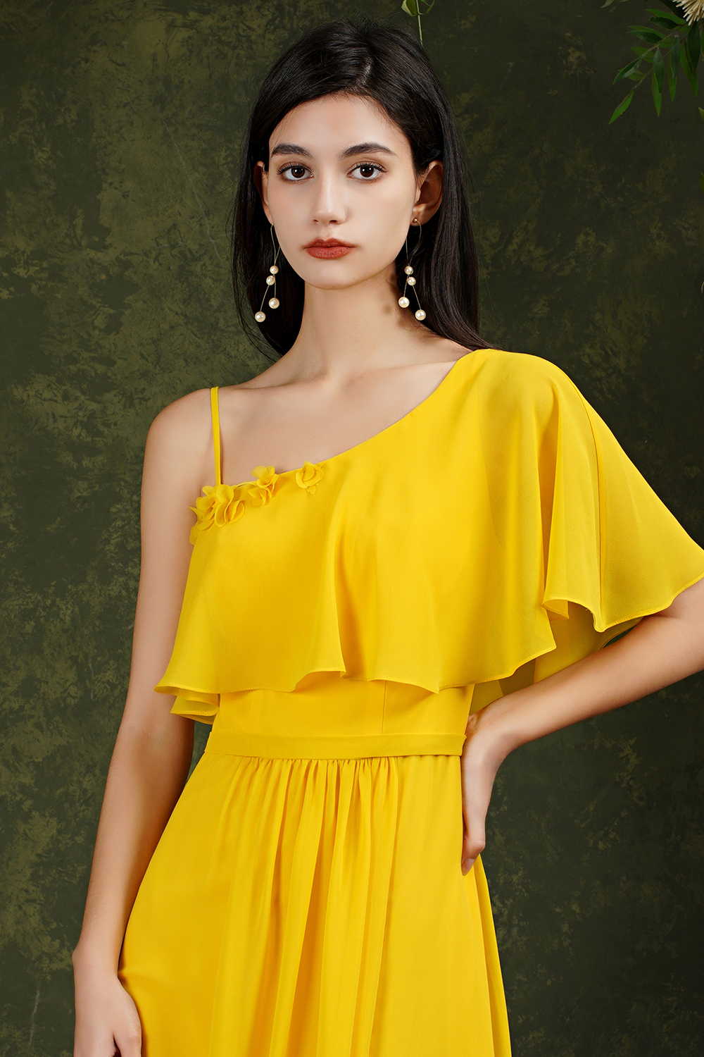 Yellow One Shoulder Chiffon Bridesmaid Dress Side Slit Long Evening Dress-newarrivaldress