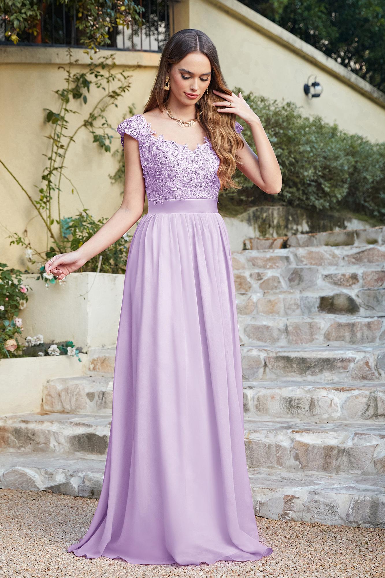 Chic Cap Sleeves Floral Lace Aline Long Evening Dresses Beadings Floor Length Chiffon Bridesmaid Dresses-newarrivaldress