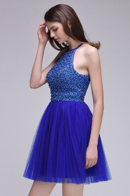 CAITLYN | A-line Halter Neck Short Tulle Royal Blue Homecoming Dresses with Beading-newarrivaldress