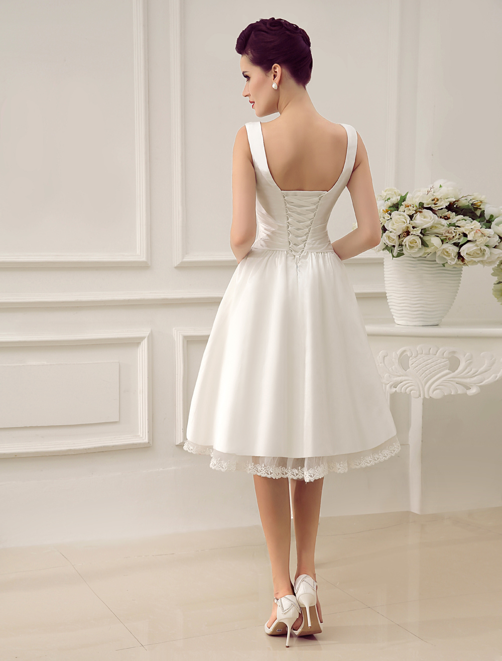 Simple Wedding Dresses Ivory Wedding Dress Knee-Length Backless Straps Lace Bridal Dress Exclusive-newarrivaldress