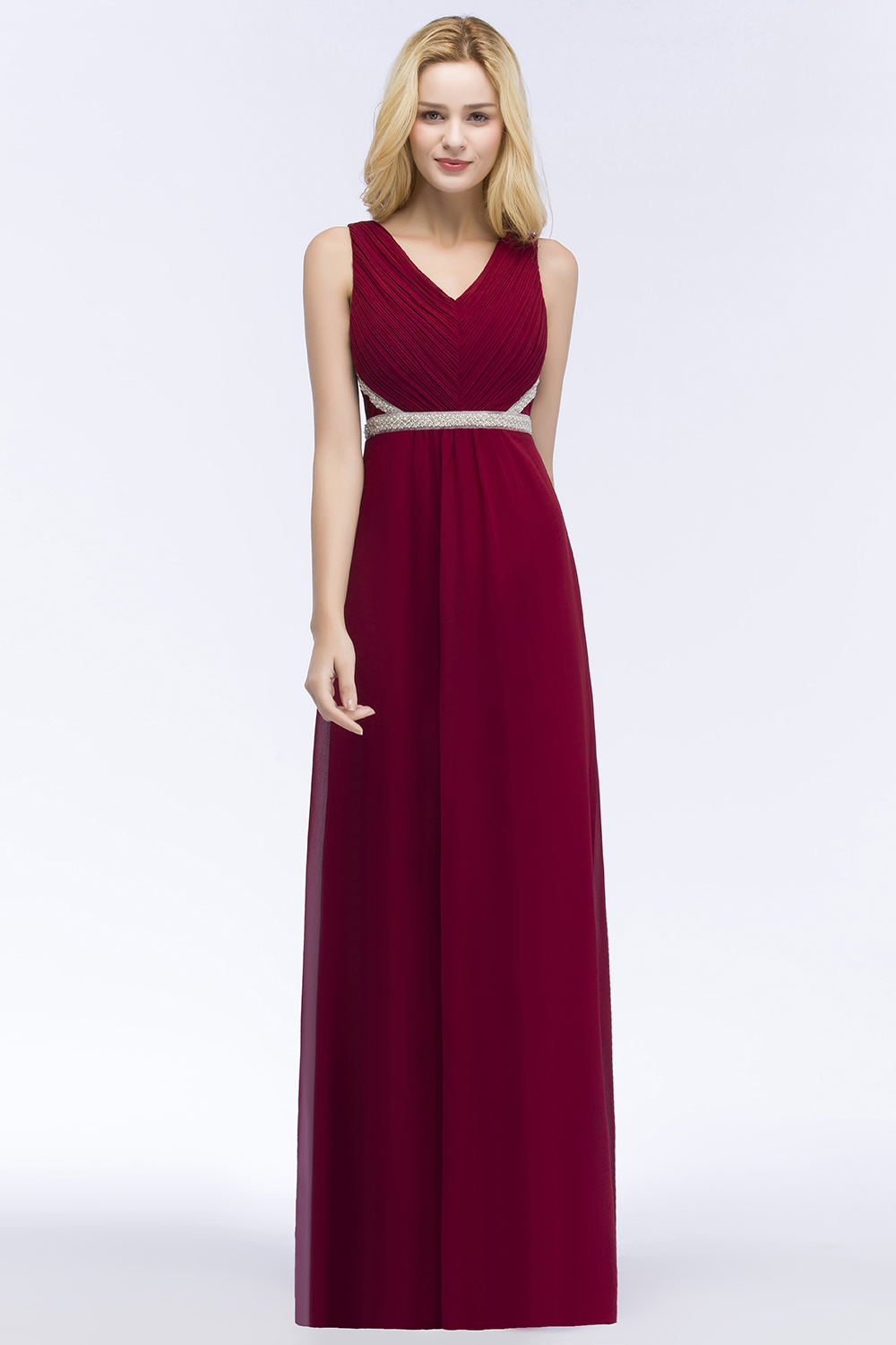 ROSALINE | A-line Long Sleeveless V-neck Ruffled Chiffon Bridesmaid Dresses with Beading Sash-newarrivaldress