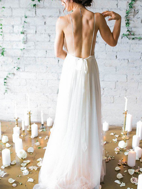 Sweep Train A-Line Sleeveless Bridal Gowns | Ruffles Chiffon Spaghetti Straps Wedding Dresses Sexy