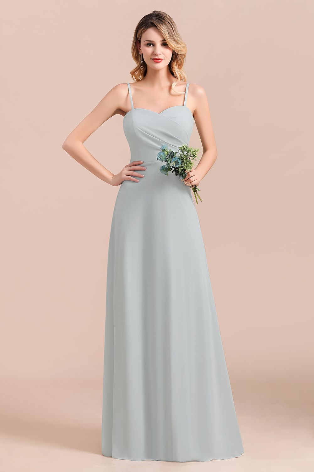 Spaghetti Straps Sweetheart Silver Bridesmaid Dresses Long Chiffon Wedding Guest Dress-newarrivaldress