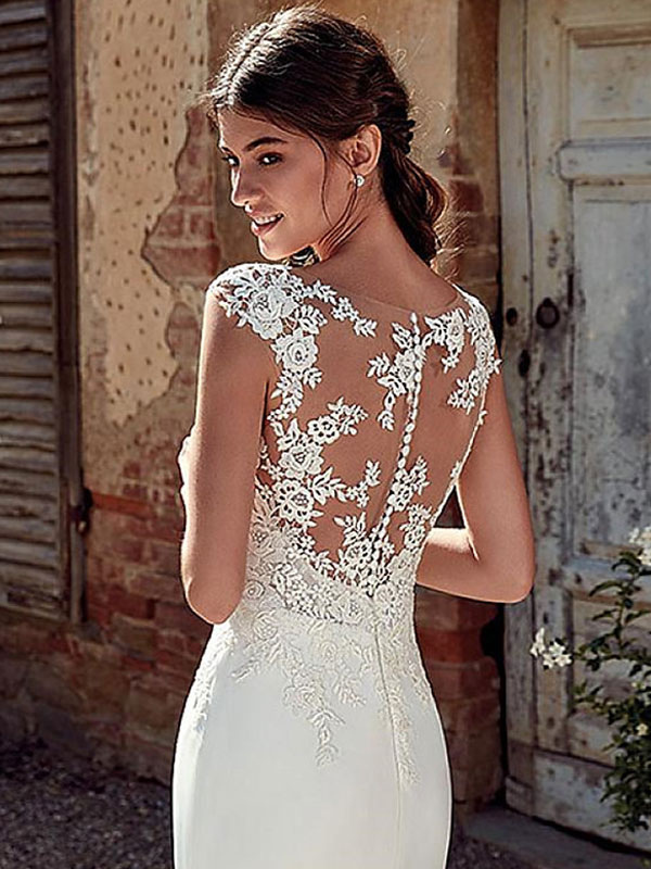White Simple Wedding Dress White Chiffon Illusion Neckline Sleeveless Court Train Applique Sheath Bridal Gowns-newarrivaldress