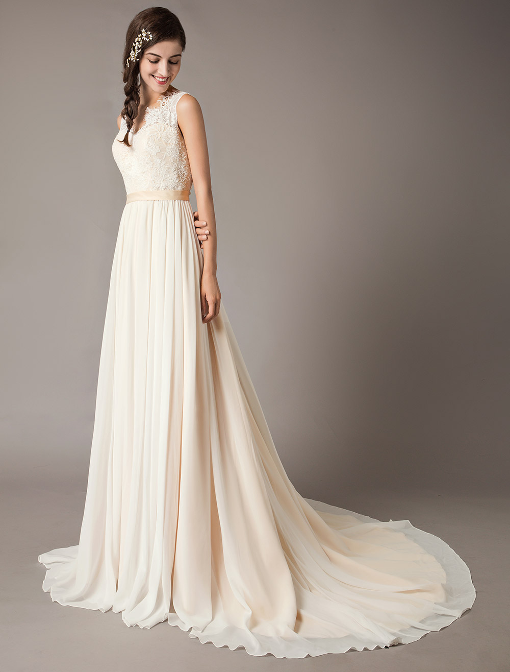 Champagne Wedding Dresses Beach Lace Chiffon V Neck Bridal Dress-newarrivaldress