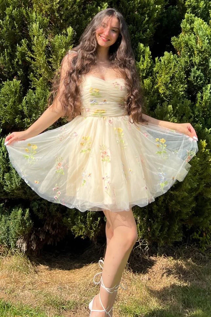 Sweetheart Daffodil Ruffle Chiffon Sleeveless Aline Short Party Dress Floral Formal Dress-newarrivaldress