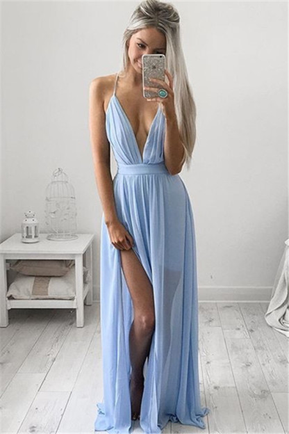 Deep V-neck Sexy Formal Dress Spaghetti Straps Baby Blue Prom Dresses CE054-newarrivaldress