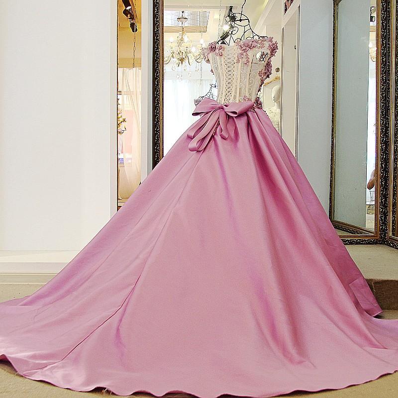 Beaded Puffy Off The Shoulder Pink Flowers Appliques Bows Long Prom Dresses-newarrivaldress