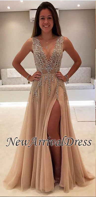 Champagne Side Brilliant Crystals A-Line Split Prom Dresses-newarrivaldress