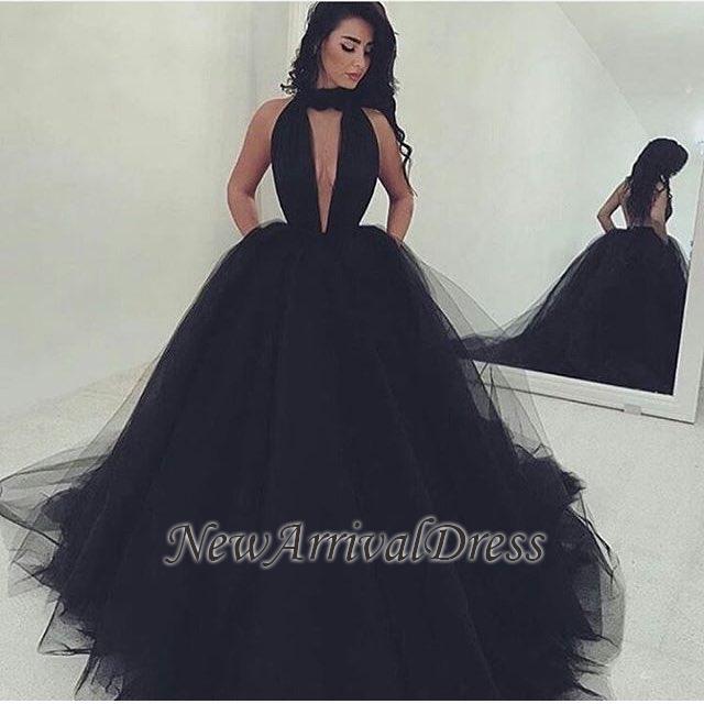 Tulle Black Gorgeous Ball-Gown V-Neck Prom Dress-newarrivaldress
