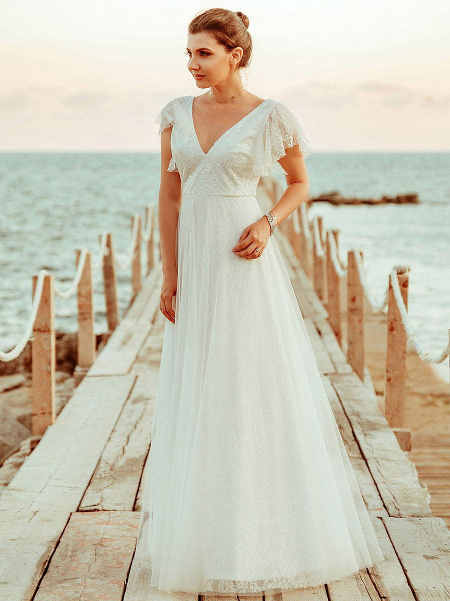 Simple Wedding Dress 2021 A Lne V Neck Short Sleeve Floor Length Tulle Beach Wedding Party Dresses Bridal Gowns-newarrivaldress