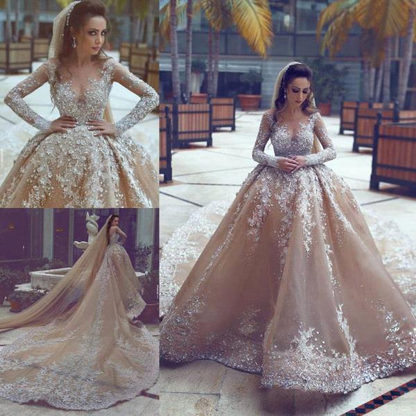 Sparkling Appliques Champagne Ball Gown Wedding Dresses |Luxurious Beads Sequins Long Sleeve Bridal Gowns-newarrivaldress