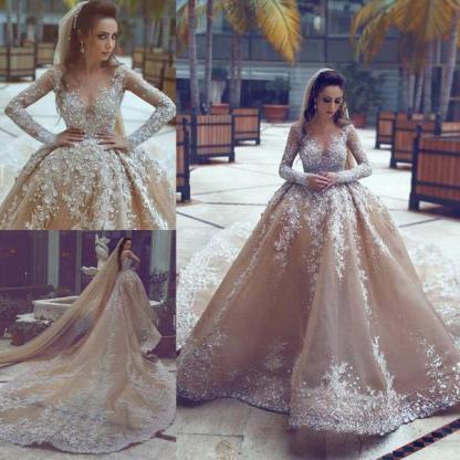 Sparkling Appliques Champagne Ball Gown Wedding Dresses |Luxurious Beads Sequins Long Sleeve Bridal Gowns-newarrivaldress
