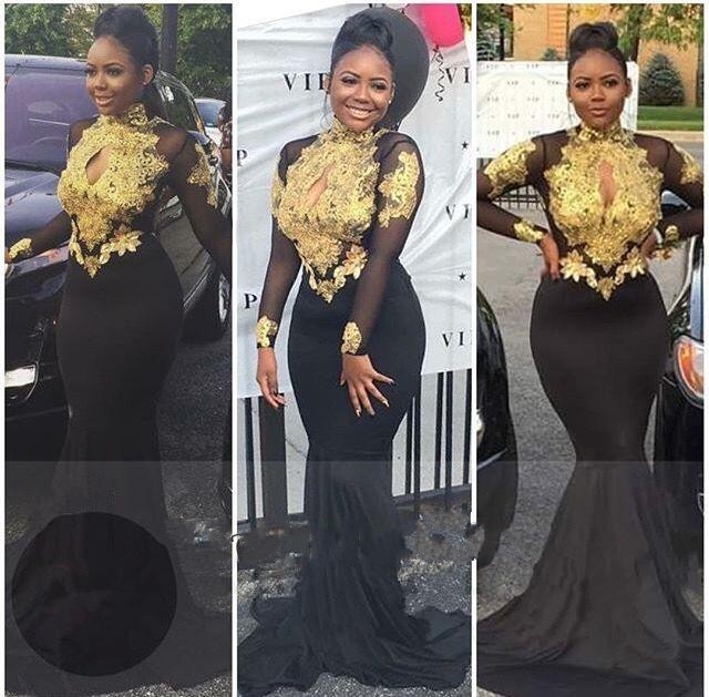 Gold-Appliques Elegant Long-Sleeves Backless High-Neck Prom Dresses-newarrivaldress