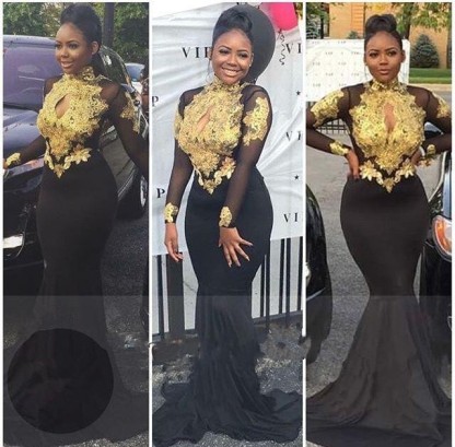 Gold-Appliques Elegant Long-Sleeves Backless High-Neck Prom Dresses-newarrivaldress