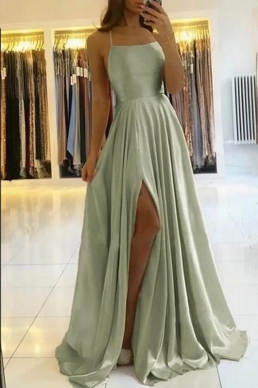 Charming Spaghetti Straps Satin Maxi Evening Dress with Side Slit Sleeveless Gown-newarrivaldress