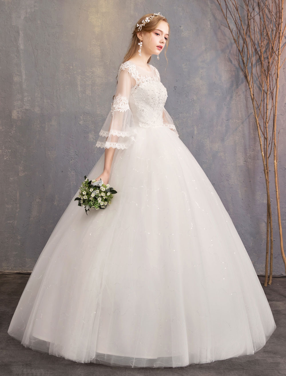 Ball Gown Wedding Dresses Tulle Jewel 3/4 Length Sleeve Floor Length Princess Bridal Gown-newarrivaldress