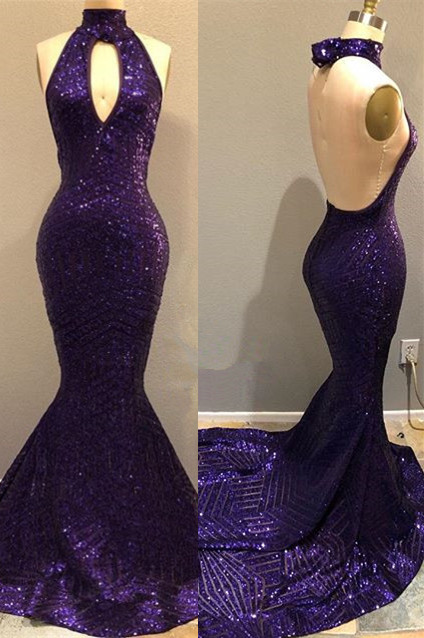Purple Sequins Sexy Open Back Prom Dresses | Mermaid Keyhole Evening Gowns BA9083-newarrivaldress