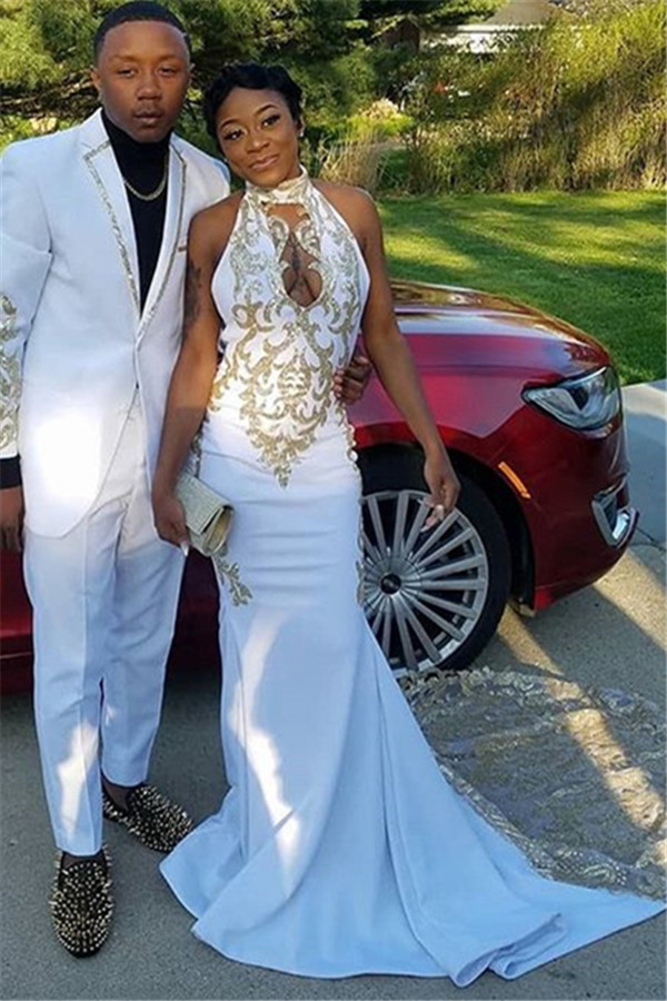 Glamorous Halter Deep V-Neck Sleeveless Appliques Mermaid Prom Dress-newarrivaldress