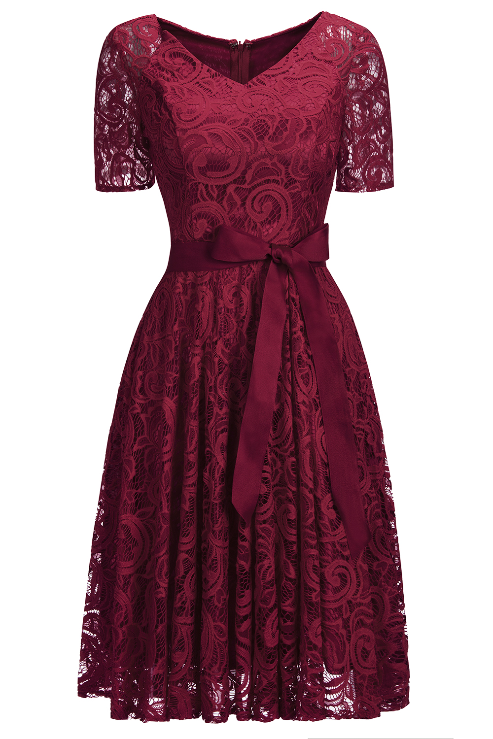Elegant V-neck Short Sleeves Lace Dresses with Bow Sash-newarrivaldress