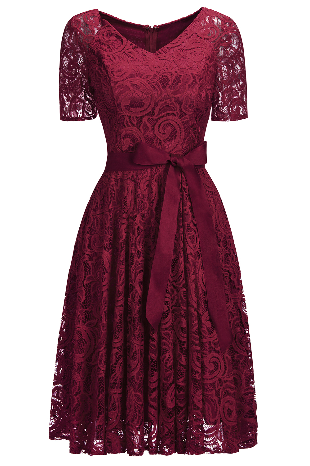 Elegant V-neck Short Sleeves Lace Dresses with Bow Sash-newarrivaldress