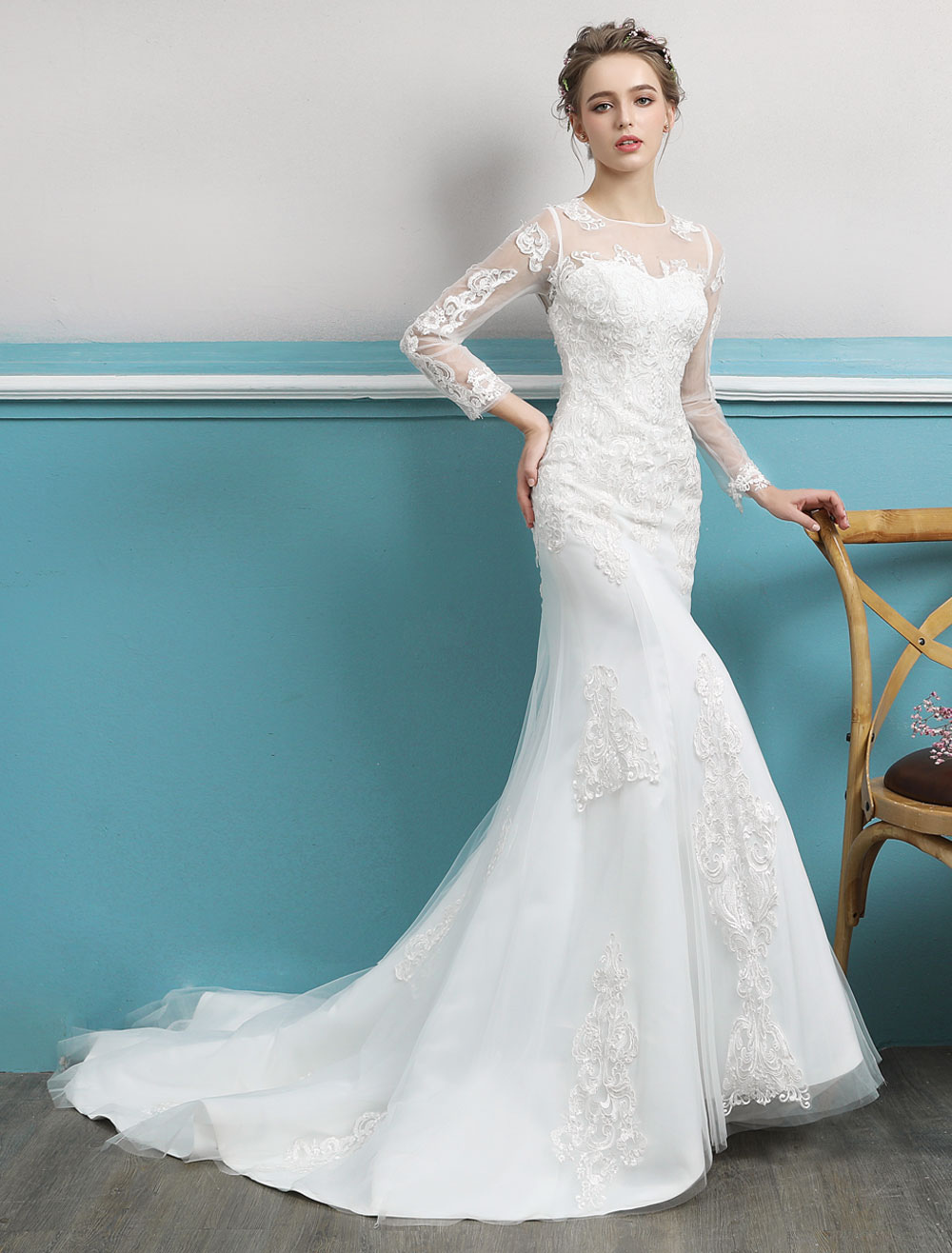 Mermaid Wedding Dresses Long Sleeve Ivory Lace Illusion Train Bridal Gowns-newarrivaldress