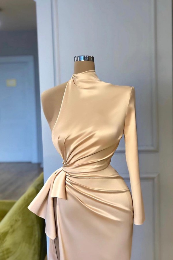 High Neck Satin Long Evening Dress Side Split Prom Dress with Long Sleeves-newarrivaldress