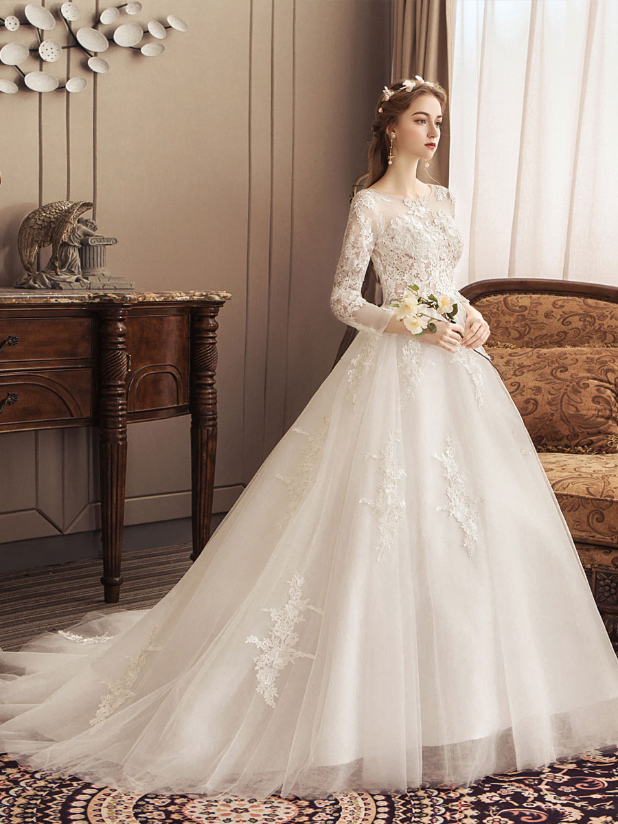Ivory Wedding Dresses Lace Applique Jewel Neck 3/4 Length Sleeve Princess Bridal Gown With Train-newarrivaldress