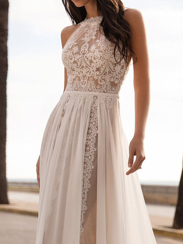 Ivory Wedding Dresses A Line With Court Train Sleeveless Applique Illusion Neckline Bridal Gowns-newarrivaldress