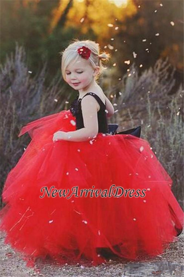 Ball Gown Flower Straps Black New Tulle Red Pageant Flowers Girl Dress-newarrivaldress