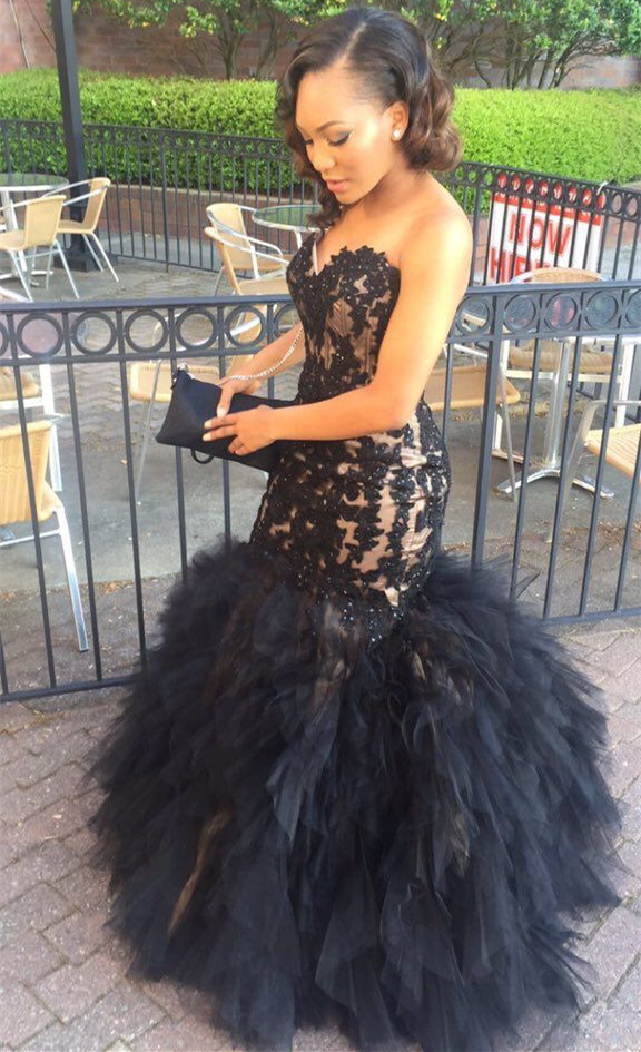 Mermaid Sweetheart Ruffles Black Puffy Sleeveless Appliques Lace Tulle Ptom Dress-newarrivaldress