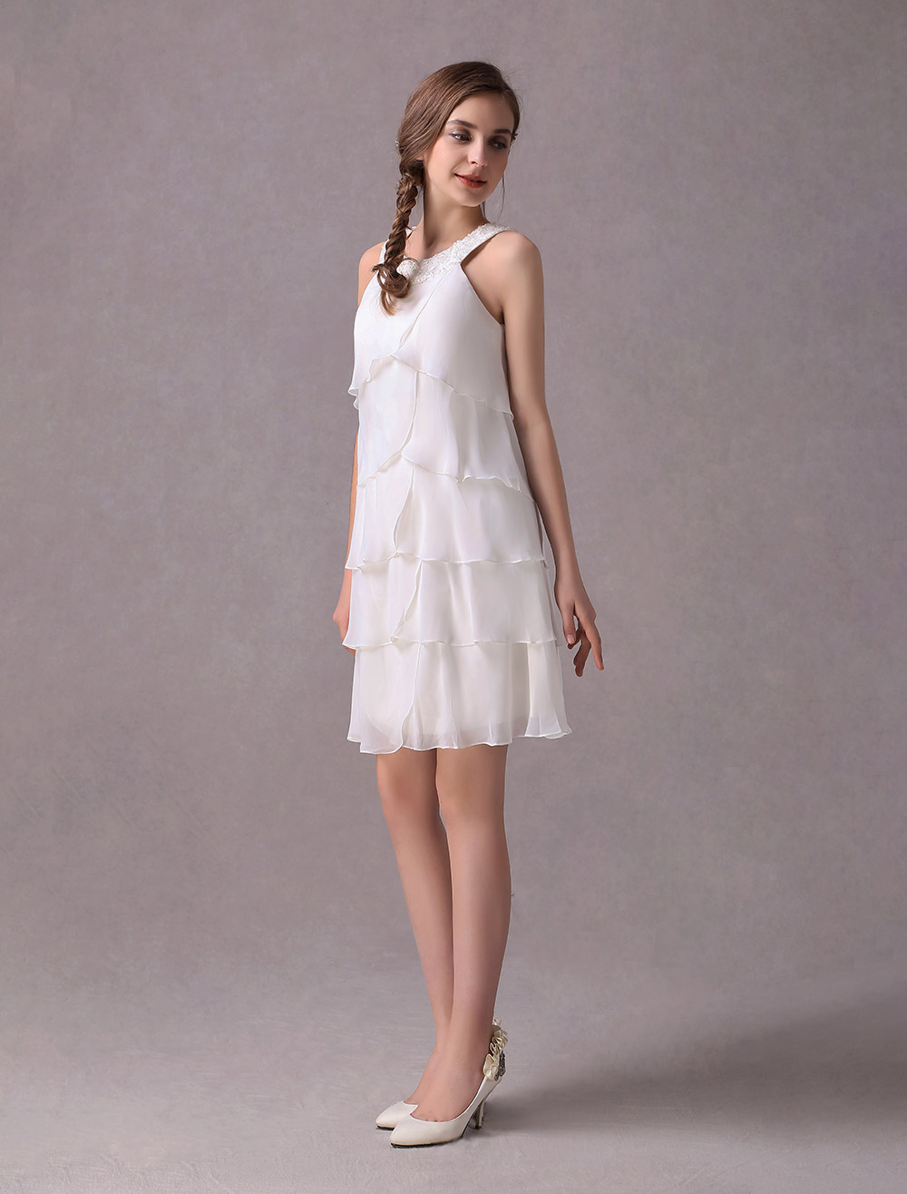Simple Wedding Dresses Ivory Chiffon Cocktail Party Dress Beaded Tiered A Line Halter Short Bridal Dress Exclusive-newarrivaldress