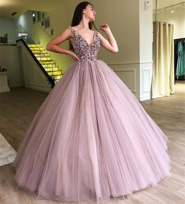 Tulle Beading Deep-V-Neck Straps Sleeveless Prom Dress-newarrivaldress