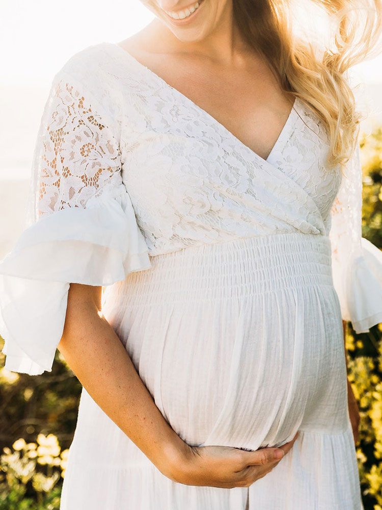 White Boho Wedding Dress V-neck 3/4-Length Sleeve Natural Waist Lace A-Line Floor Length Bridal Wedding Gowns-newarrivaldress