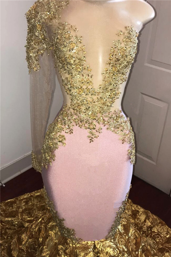 Gold Mermaid Junior Long Prom Dresses | One Sleeve Beads Appliques Plus Size l Dresses bc1386-newarrivaldress