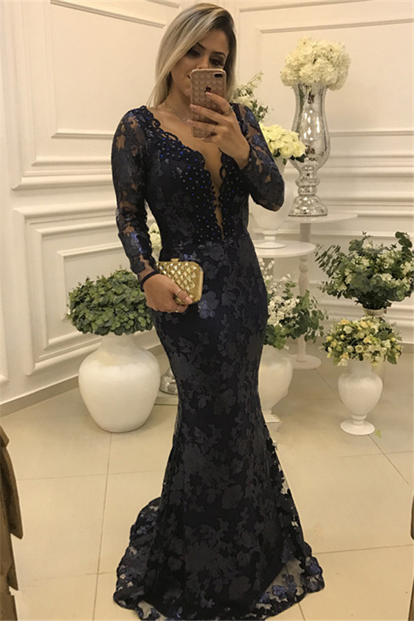 Modern Long Sleeve Mermaid V-neck Lace Zipper Mother Of Bride Dress-newarrivaldress