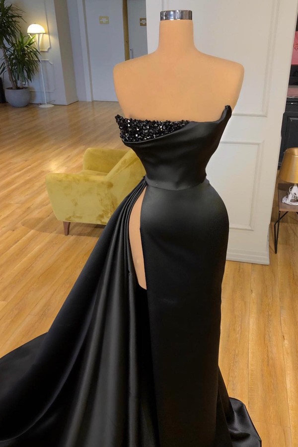 Charming Black Satin Evening Gown Strapless Sequins Long Side Slit Prom Dress for Women-newarrivaldress
