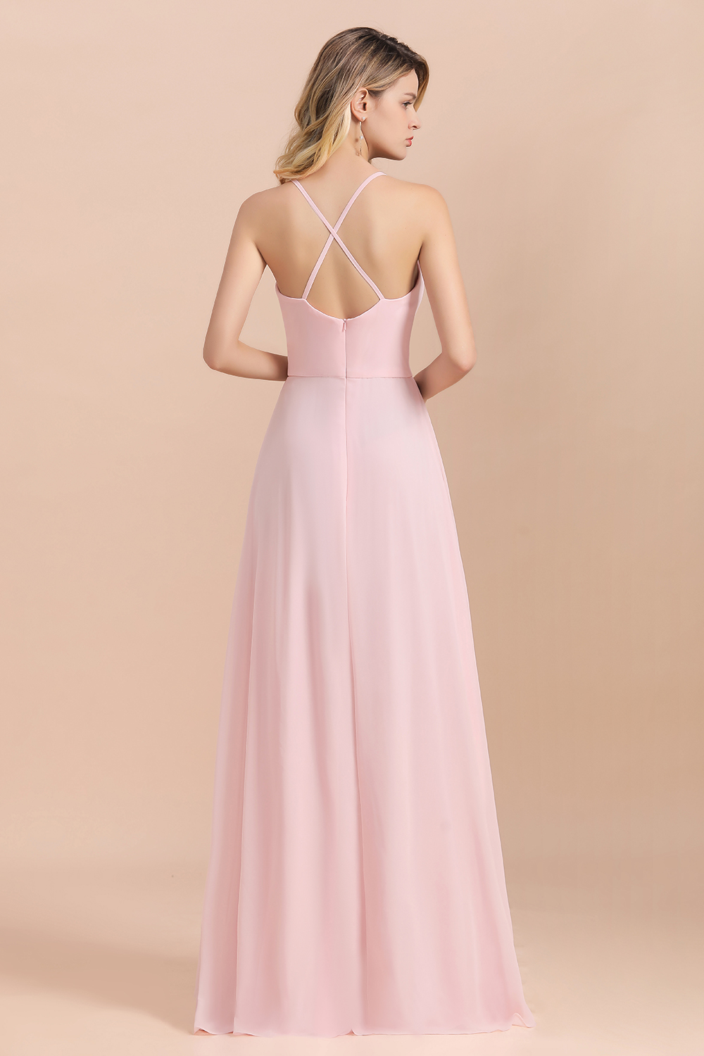 Halter Pink Chiffon Bridesmaid Dresses Backless Long Wedding Party Dress-newarrivaldress
