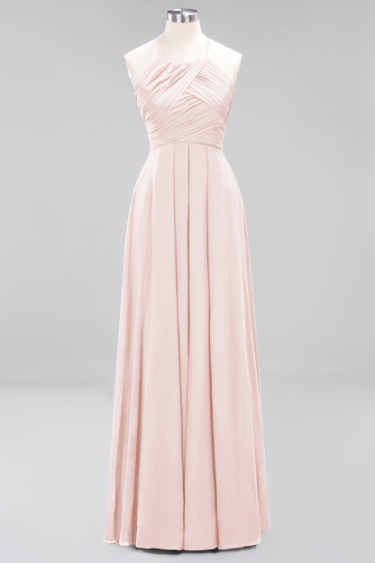 Halter Pleated Bridesmaid Dress Chiffon Sleeveless Floor Length Wedding Guest Dress-newarrivaldress