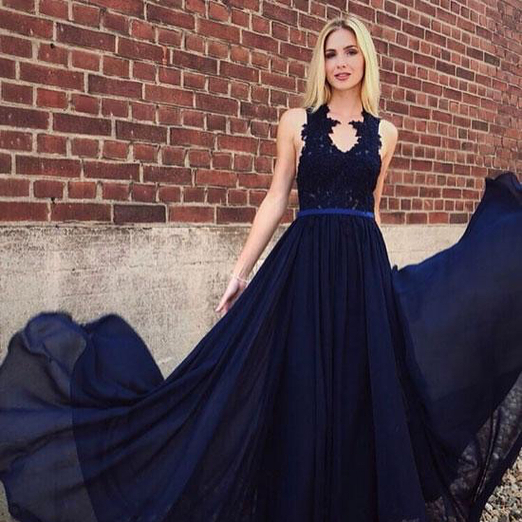 Elegant Chiffon Lace Bridesmaid Dress | Chic Sleeveless Navy Blue Wedding Party Dress-newarrivaldress